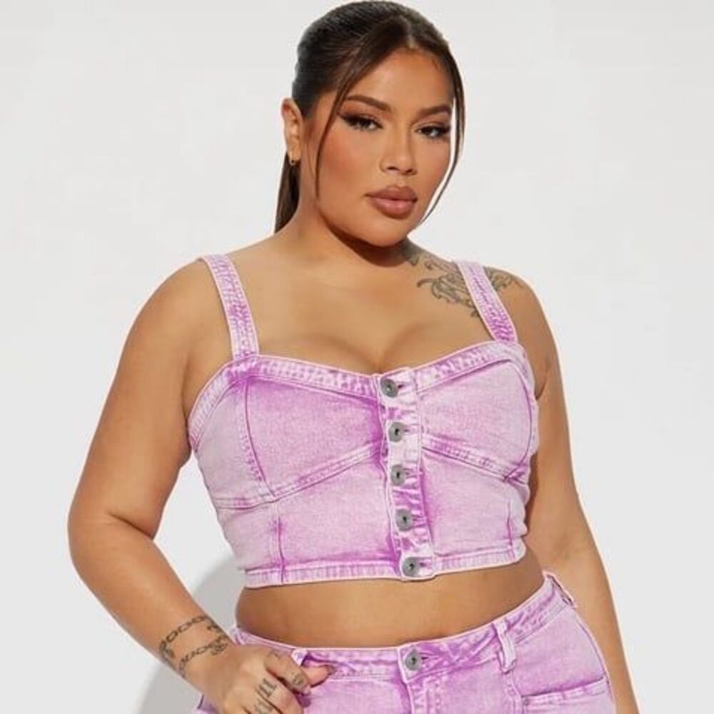 Fashion Nova Button Front Fitted Crop Top Acid Wash Purple 2X